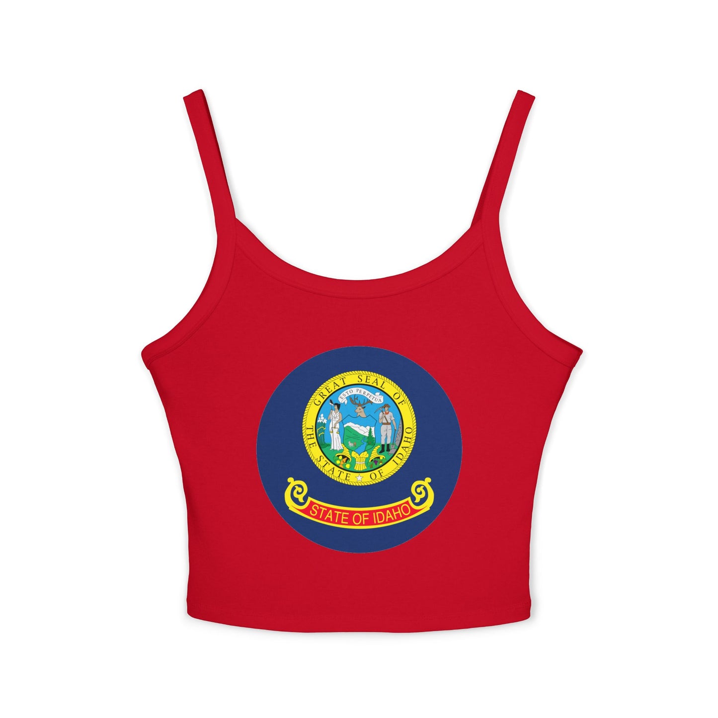 Idaho State Seal Crop Tank Top — Women's Spaghetti Strap Idaho Flag Design BOISE