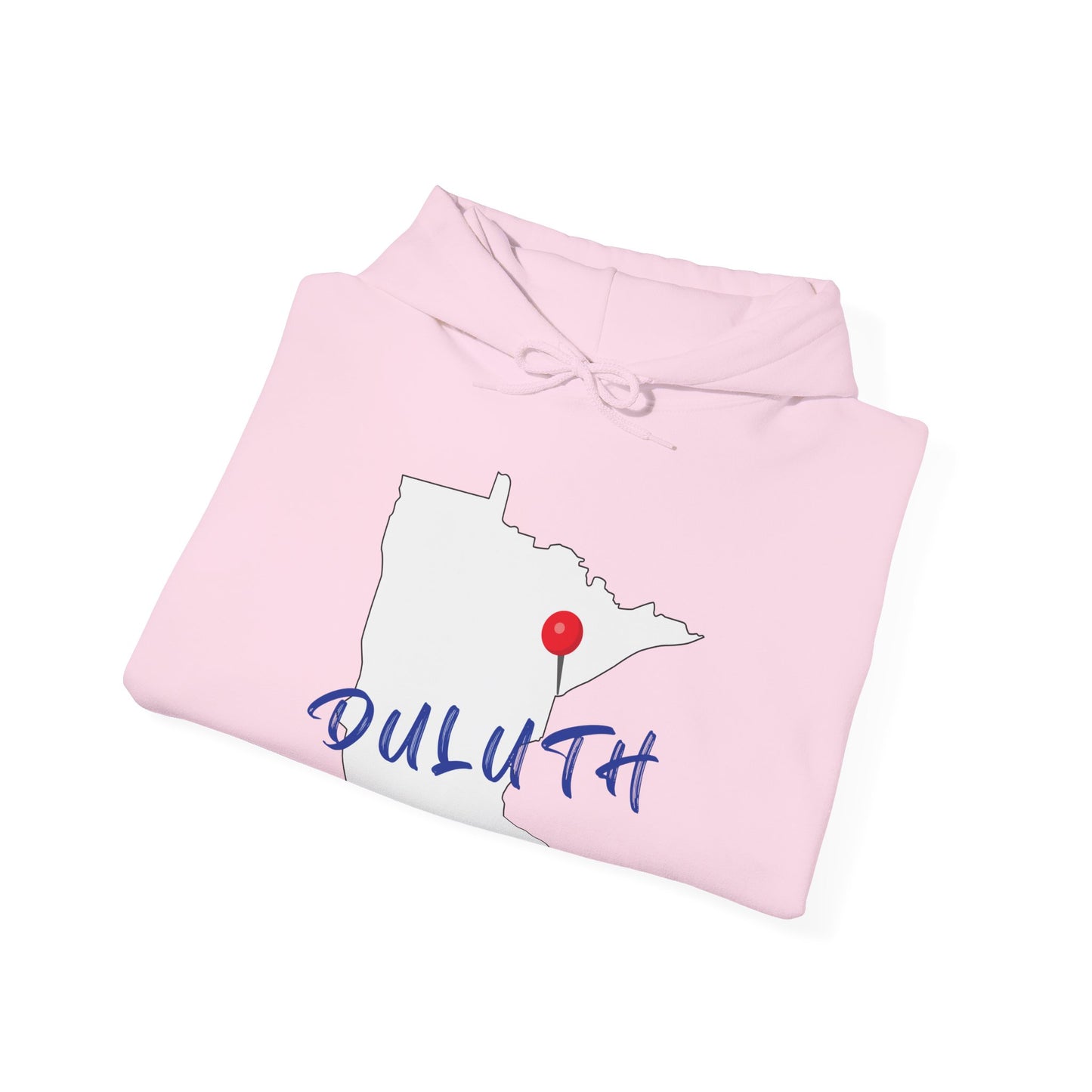 Duluth Minnesota Hoodie – State Outline with Red Pin & Script
