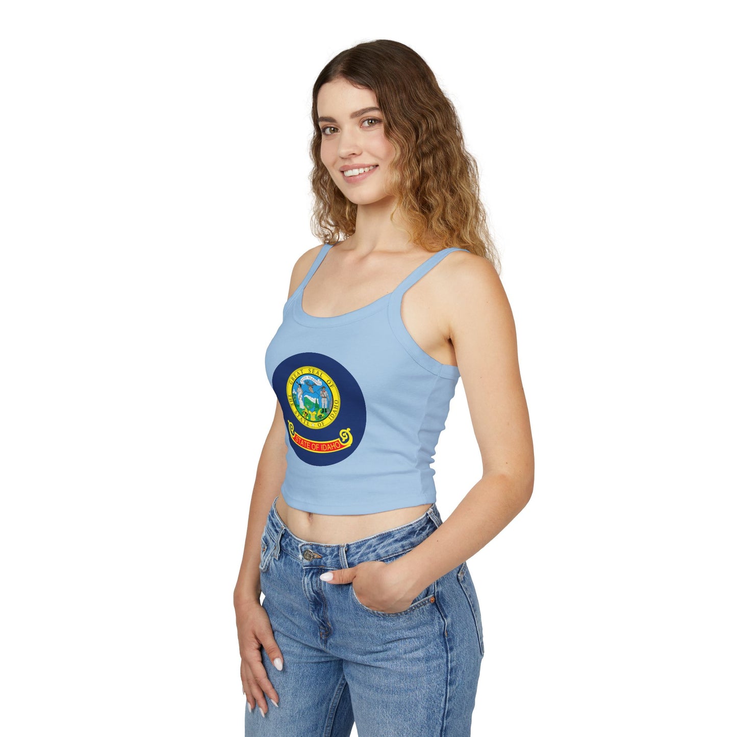Idaho State Seal Crop Tank Top — Women's Spaghetti Strap Idaho Flag Design BOISE