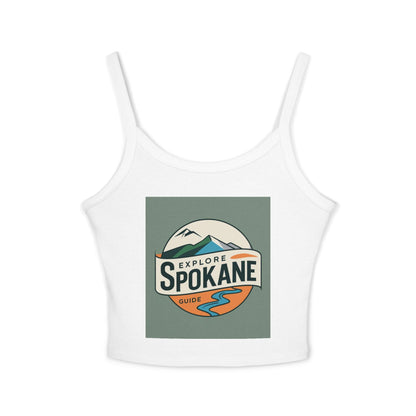 Explore Spokane Tank Top — Women's Spaghetti Strap Crop with Mountain & River Graphic