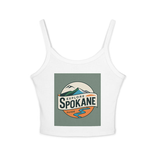 Explore Spokane Tank Top — Women's Spaghetti Strap Crop with Mountain & River Graphic