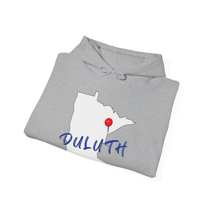 Duluth Minnesota Hoodie – State Outline with Red Pin & Script