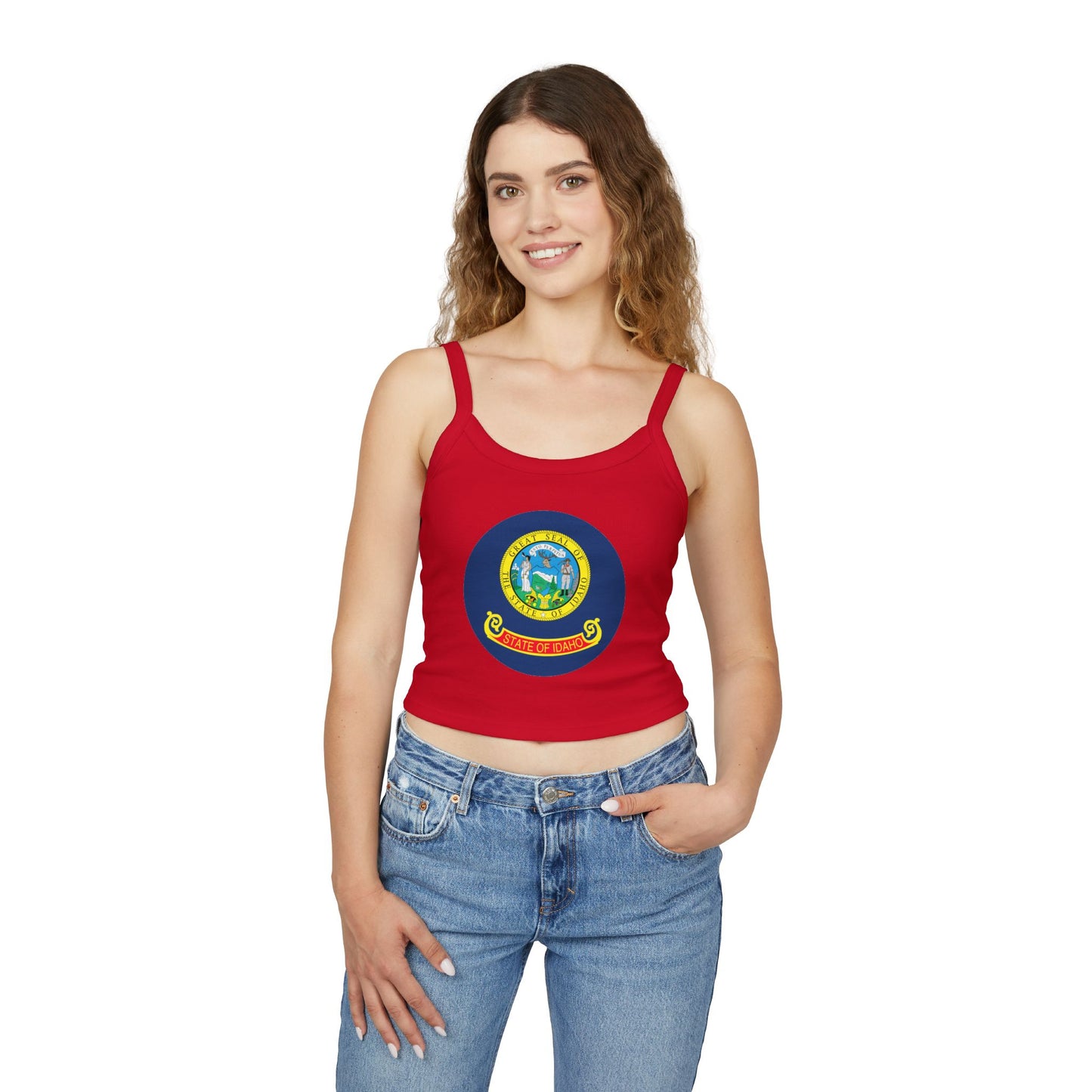 Idaho State Seal Crop Tank Top — Women's Spaghetti Strap Idaho Flag Design BOISE