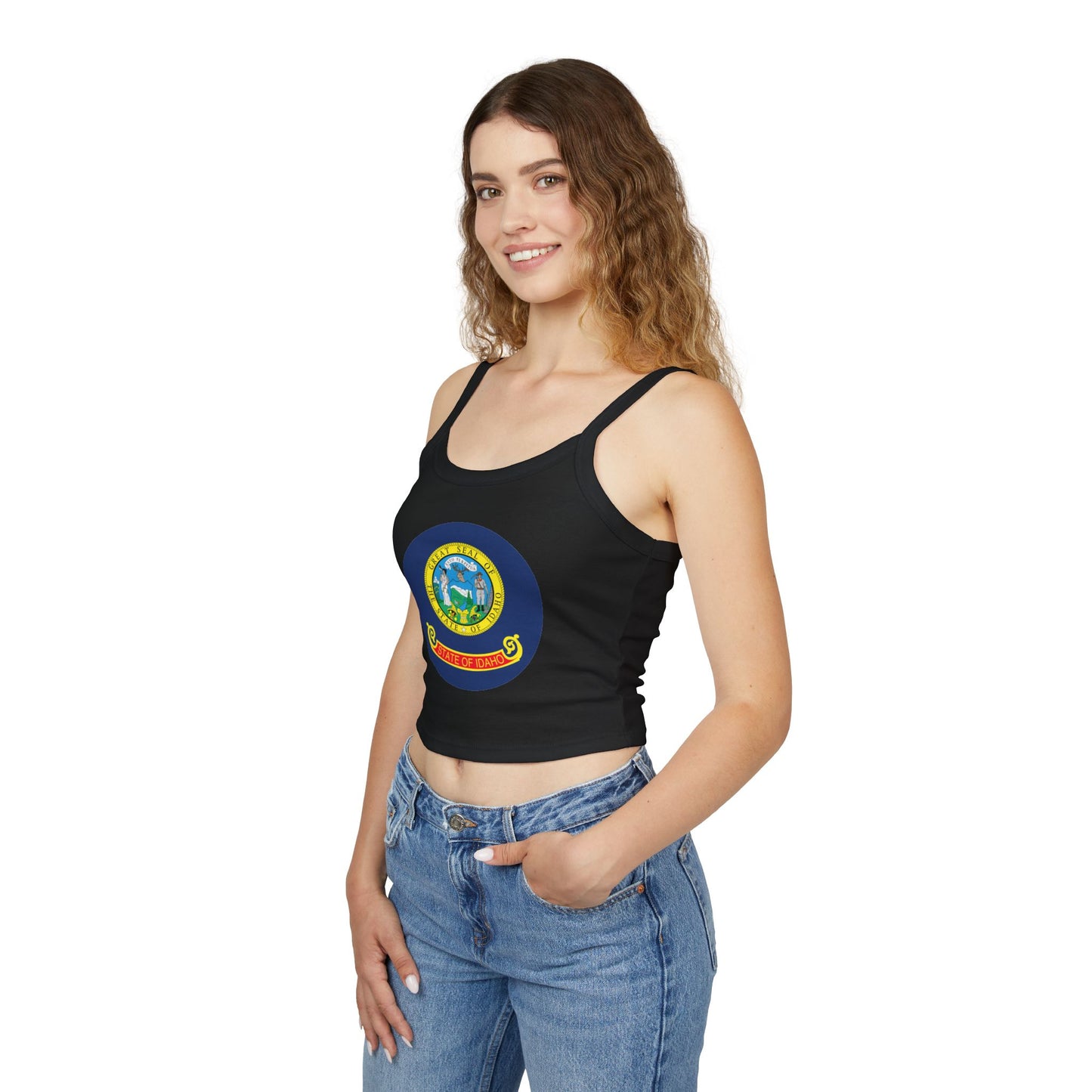 Idaho State Seal Crop Tank Top — Women's Spaghetti Strap Idaho Flag Design BOISE