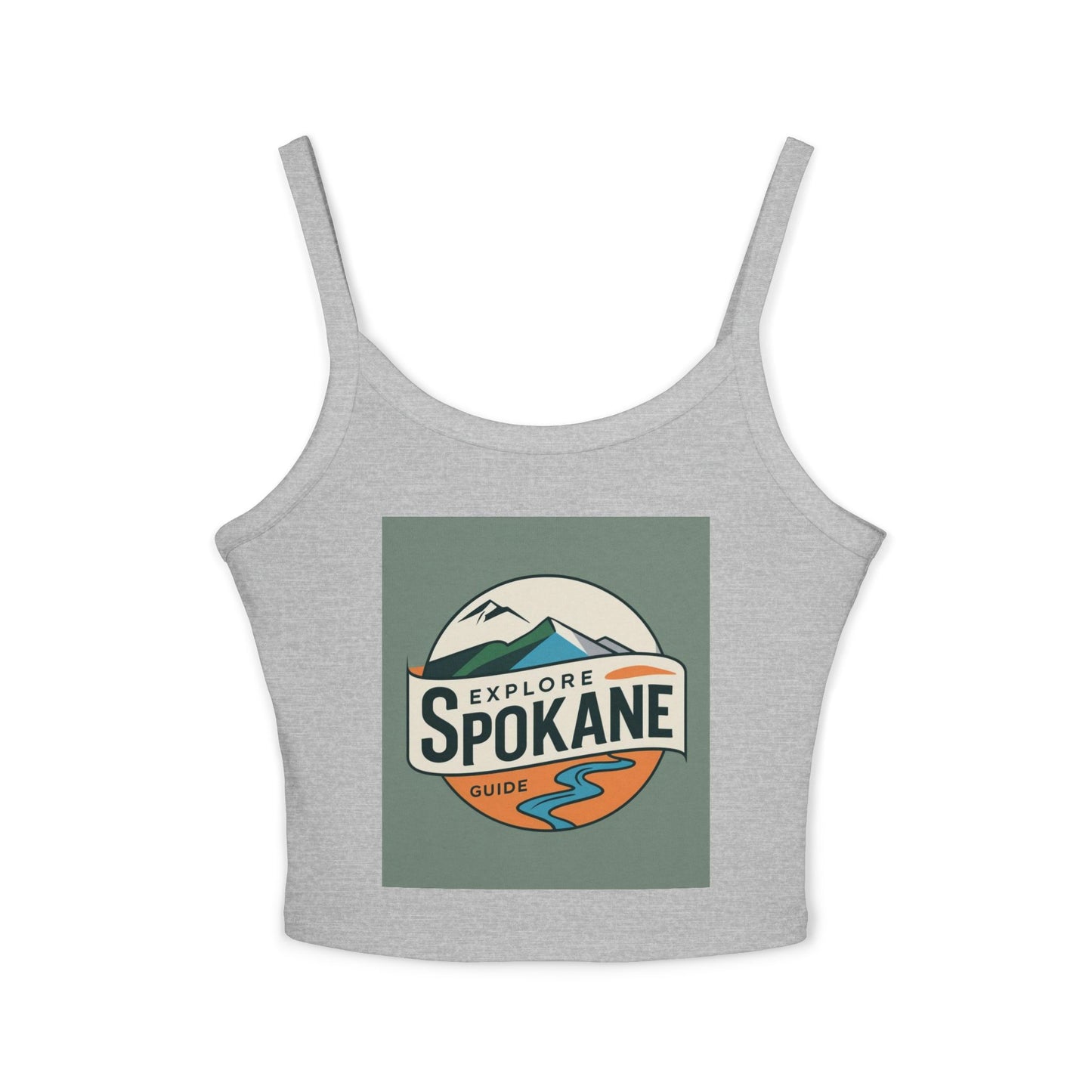 Explore Spokane Tank Top — Women's Spaghetti Strap Crop with Mountain & River Graphic