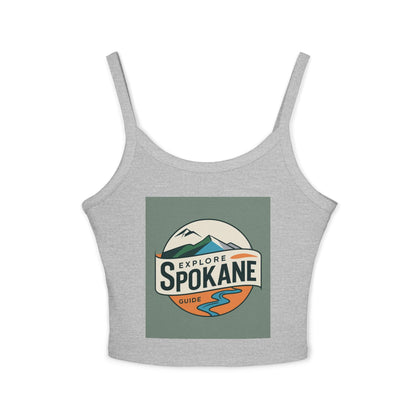 Explore Spokane Tank Top — Women's Spaghetti Strap Crop with Mountain & River Graphic