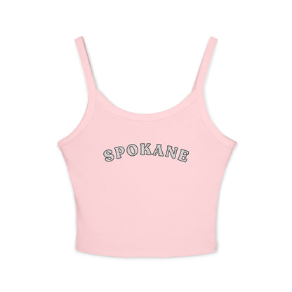 Spokane Crop Tank Top - Women's White Spaghetti Strap Top with Retro Arch Logo