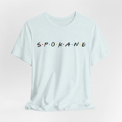 Spokane Script Tee — Retro Dotted Friend-Style City T‑Shirt