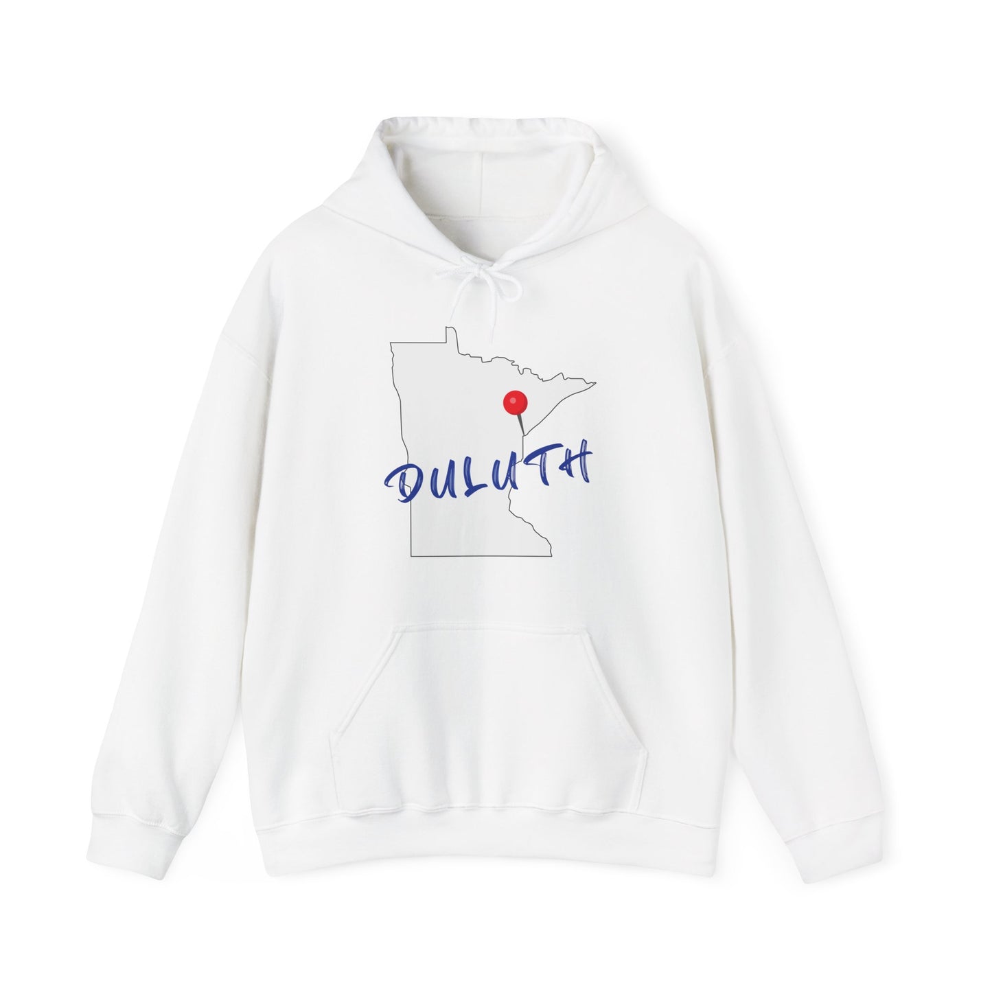 Duluth Minnesota Hoodie – State Outline with Red Pin & Script