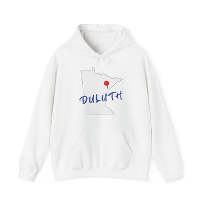 Duluth Minnesota Hoodie – State Outline with Red Pin & Script