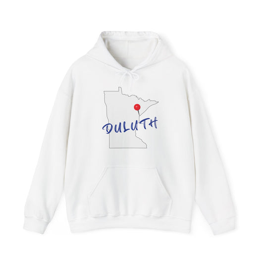 Duluth Minnesota Hoodie – State Outline with Red Pin & Script