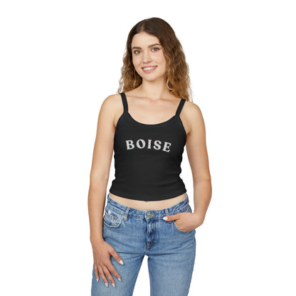 Boise Cropped Spaghetti Strap Tank - Retro Collegiate Graphic