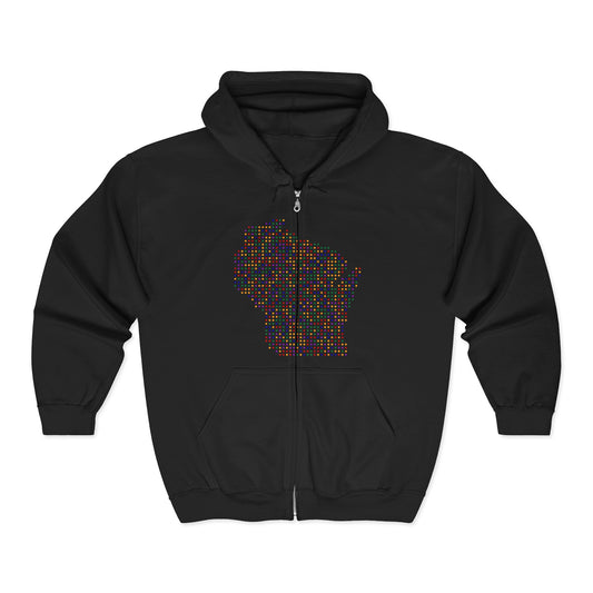 Colorful Wisconsin Map Zip-Up Hoodie | Cozy Travel Souvenirs | True North
