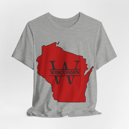 Wisconsin State Outline Tee with W Monogram — Red Badger Pride Shirt MADISON JERSEY TEE