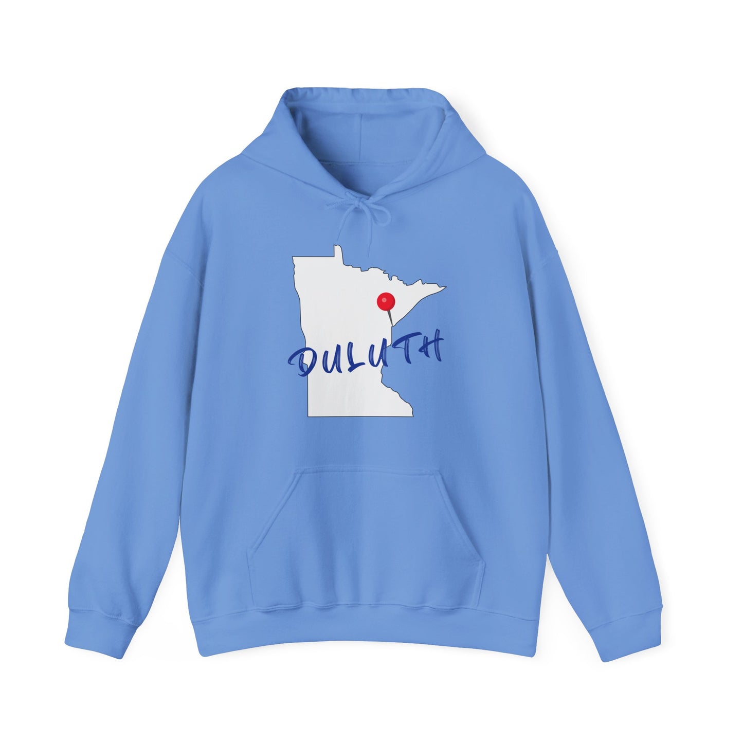 Duluth Minnesota Hoodie – State Outline with Red Pin & Script