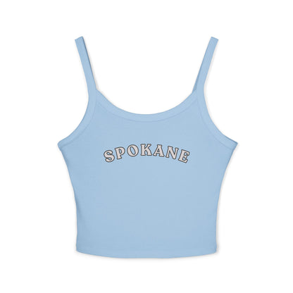 Spokane Crop Tank Top - Women's White Spaghetti Strap Top with Retro Arch Logo