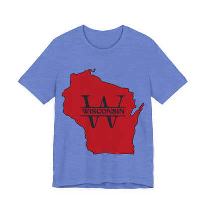 Wisconsin State Outline Tee with W Monogram — Red Badger Pride Shirt MADISON JERSEY TEE